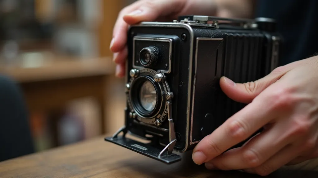 Hands inspecting antique camera