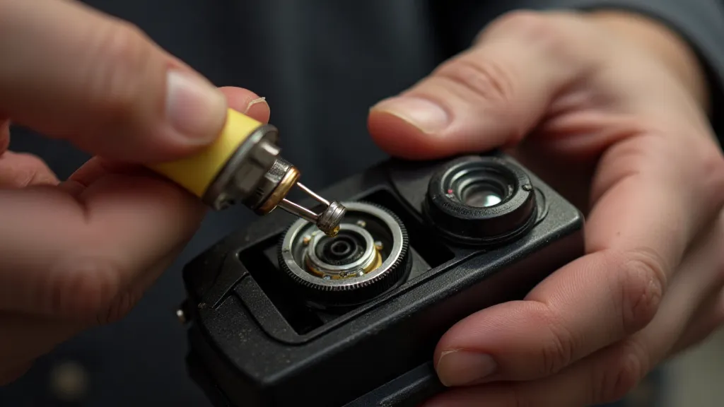 Hands applying lubricant to a camera gear.