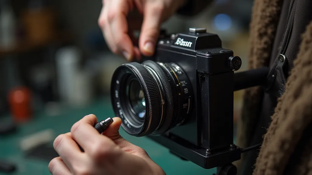 Camera repair technician examining a vintage camera shutter
