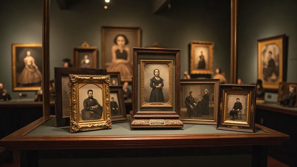 Display of antique daguerreotypes in a museum.