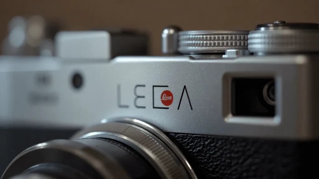 Close-up of markings on a Leica camera body, including model and serial numbers.