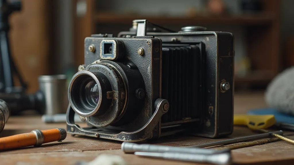 Vintage camera disassembled on a workbench.